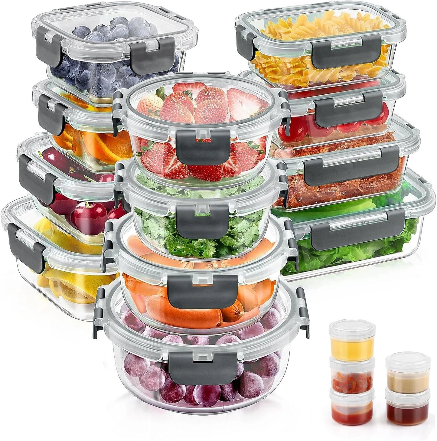 34Pcs Glass Food Storage Containers with Lids Set, Airtight Glass Meal Prep Containers (17 Containers & 17 Lids), Leak Proof Lunch Containers Bpa-Free, Microwave, Oven, Freezer, Dishwasher Safe