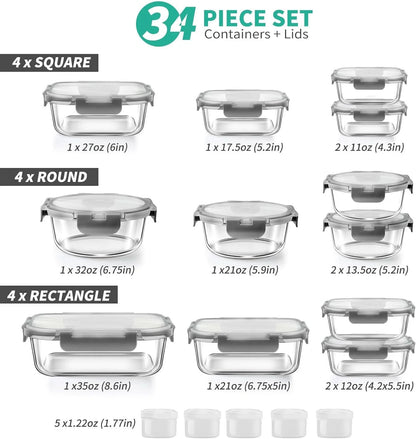 34Pcs Glass Food Storage Containers with Lids Set, Airtight Glass Meal Prep Containers (17 Containers & 17 Lids), Leak Proof Lunch Containers Bpa-Free, Microwave, Oven, Freezer, Dishwasher Safe