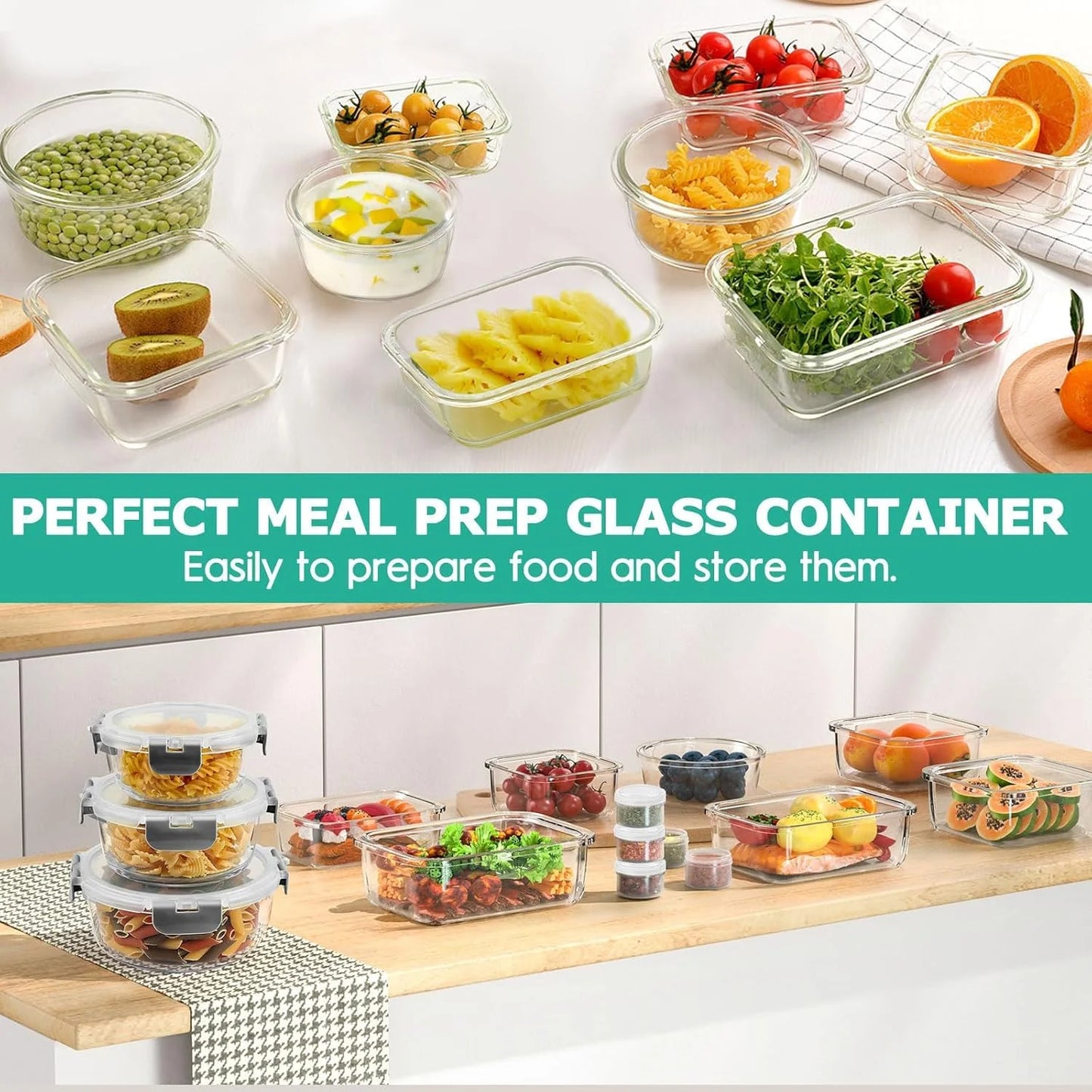 34Pcs Glass Food Storage Containers with Lids Set, Airtight Glass Meal Prep Containers (17 Containers & 17 Lids), Leak Proof Lunch Containers Bpa-Free, Microwave, Oven, Freezer, Dishwasher Safe